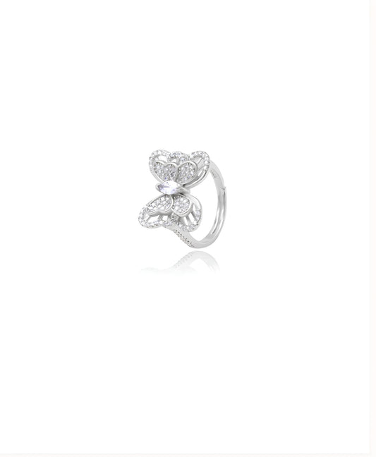 Butterfly-shaped Shiny White Swarovski Zircon Adjustable Silver Ring