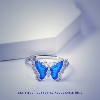 Butterfly-shaped with Blue Enamelling Adjustable Silver Ring