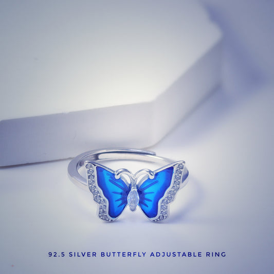 Butterfly-shaped with Blue Enamelling Adjustable Silver Ring