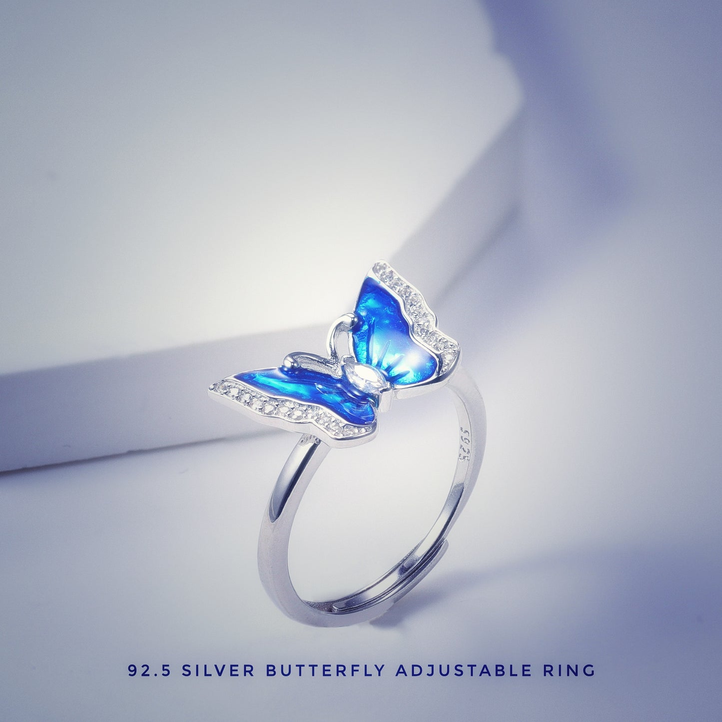 Butterfly-shaped with Blue Enamelling Adjustable Silver Ring