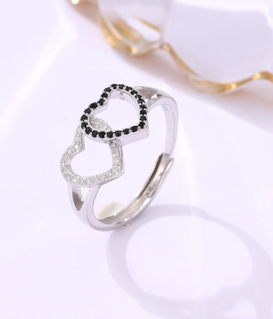 Double Heart Adjustable Silver Ring