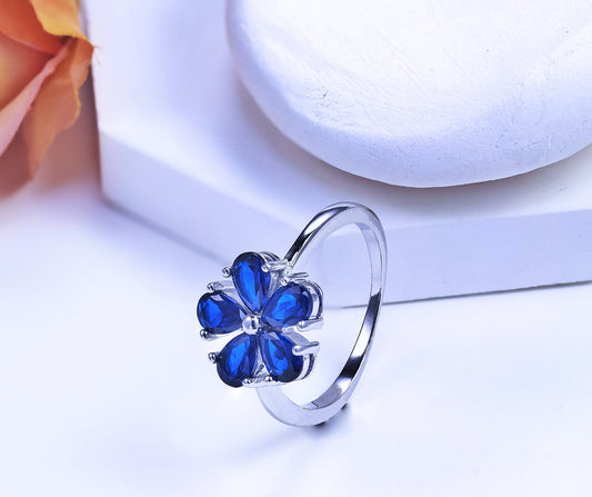 Flower with Blue Stone Silver Ring