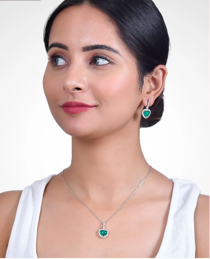 Heart-Shaped with Green Emerald Silver Pendant Set