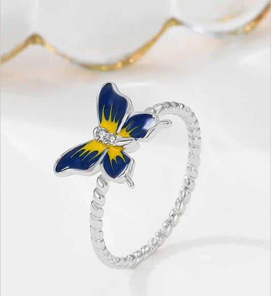 Butterfly-shaped Enamelling Colourful Silver Ring