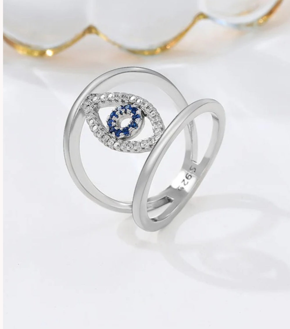 Evil- Eye Designer Swarovski Zircon with Blue Stone Silver ring