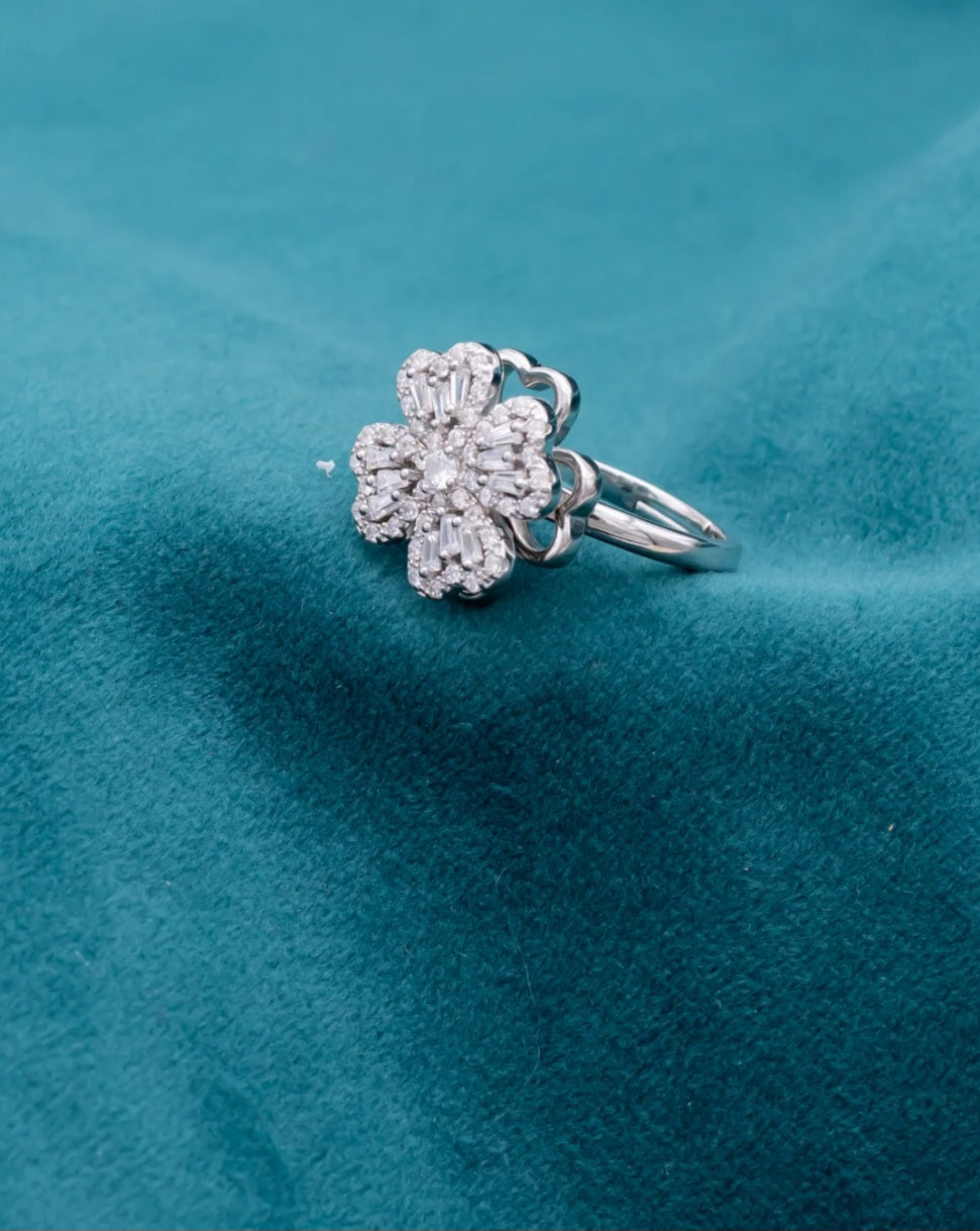 Flower motif with Petals rotating around a Central Adjustable Silver Ring