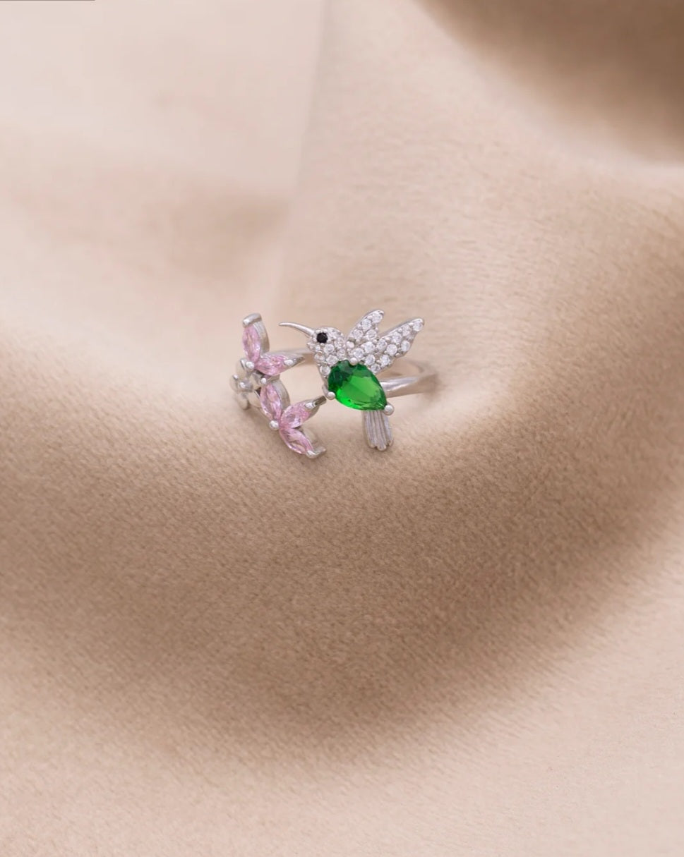 Bird Openable Ring with Green Stone Adjustable Silver Ring