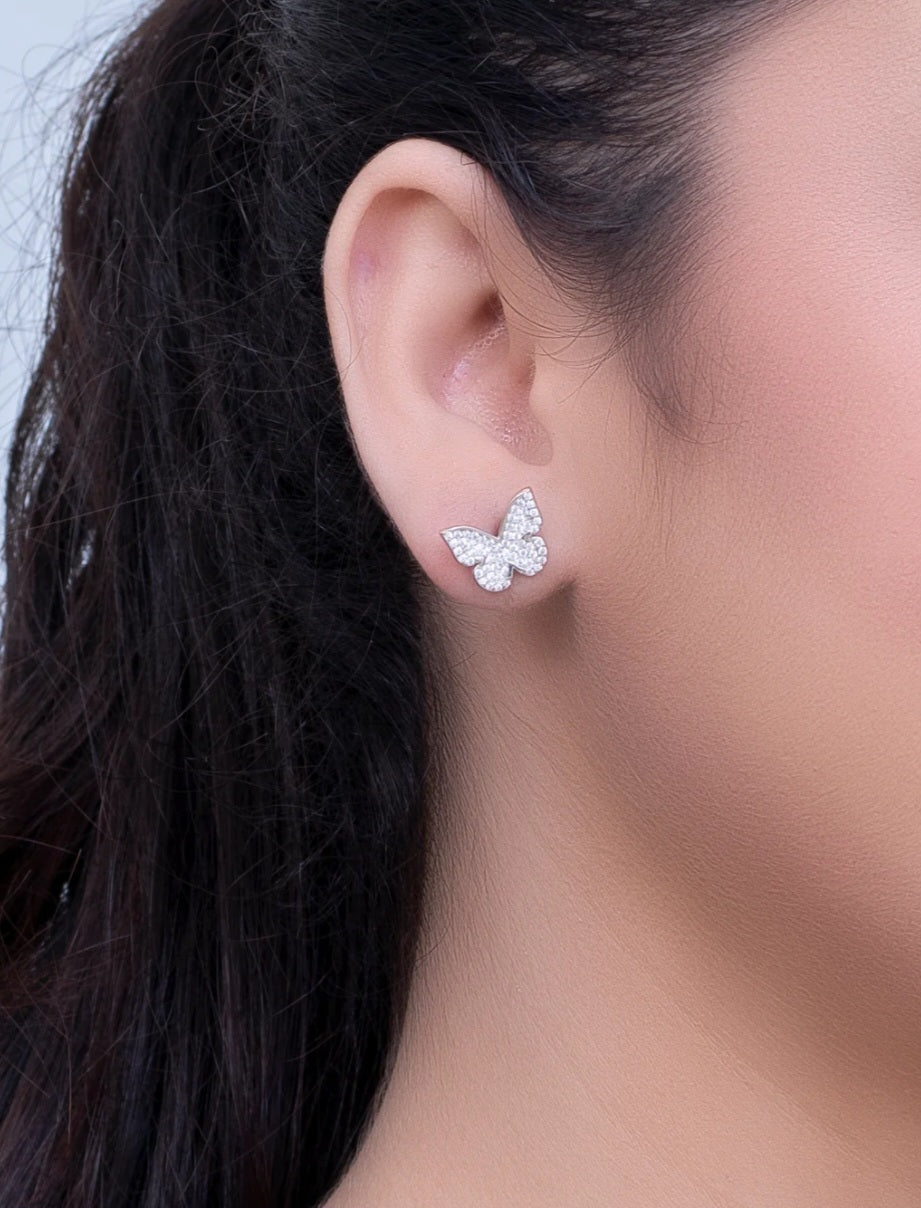 Butterfly-Shaped White Swarovski Stone Silver Earrings