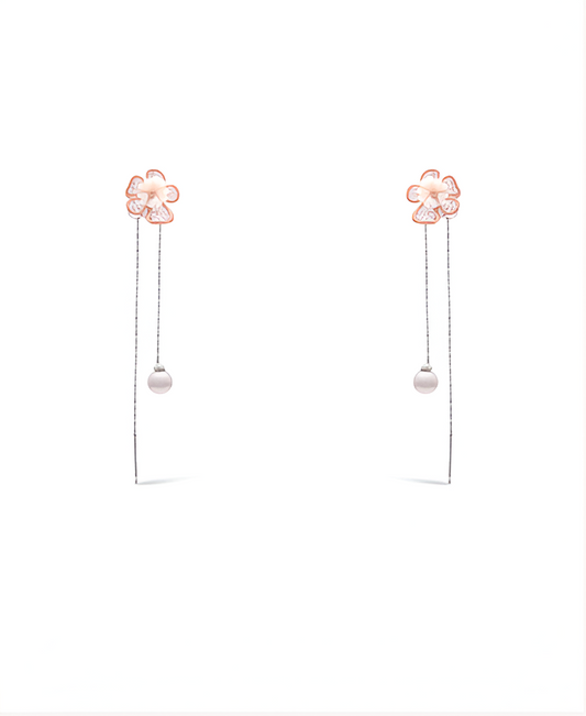 Flower with Drop of Pearl Silver Earrings