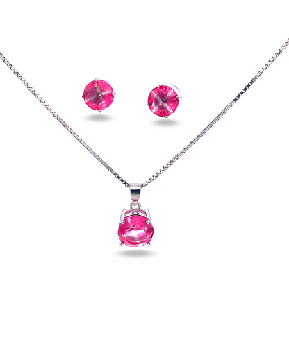 Ruby Stone Pink Color Silver Pendant Set