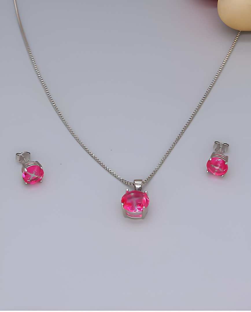 Ruby Stone Pink Color Silver Pendant Set