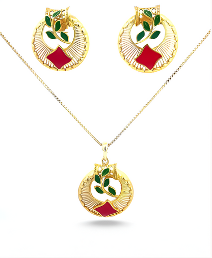 Circular Gold Polished With Pink And Green Colour Silver Pendant Set