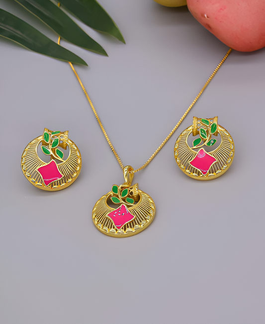 Circular Gold Polished With Pink And Green Colour Silver Pendant Set