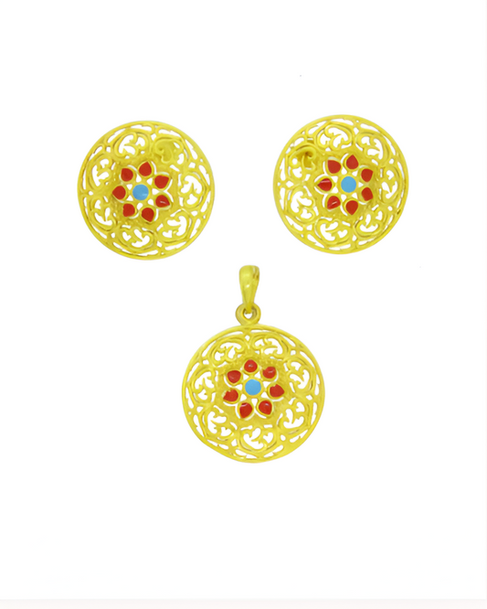 Flower Gold Polished Silver Pendant Set