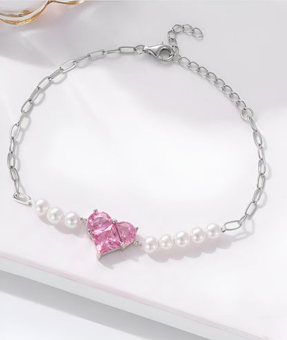 Heart Shaped with Pink Stone Silver Bracelet