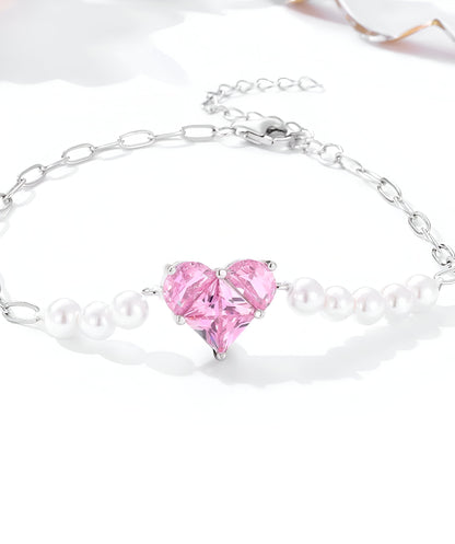 Heart Shaped with Pink Stone Silver Bracelet