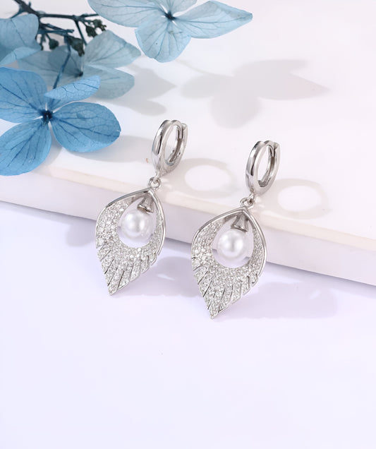 Leaf-Shaped with White Pearl Silver Earrings