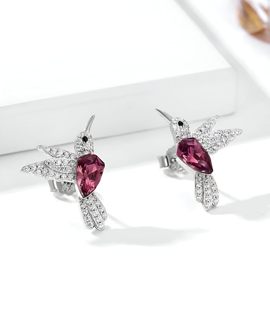 Bird-Shaped With Pink Stone Silver Earrings