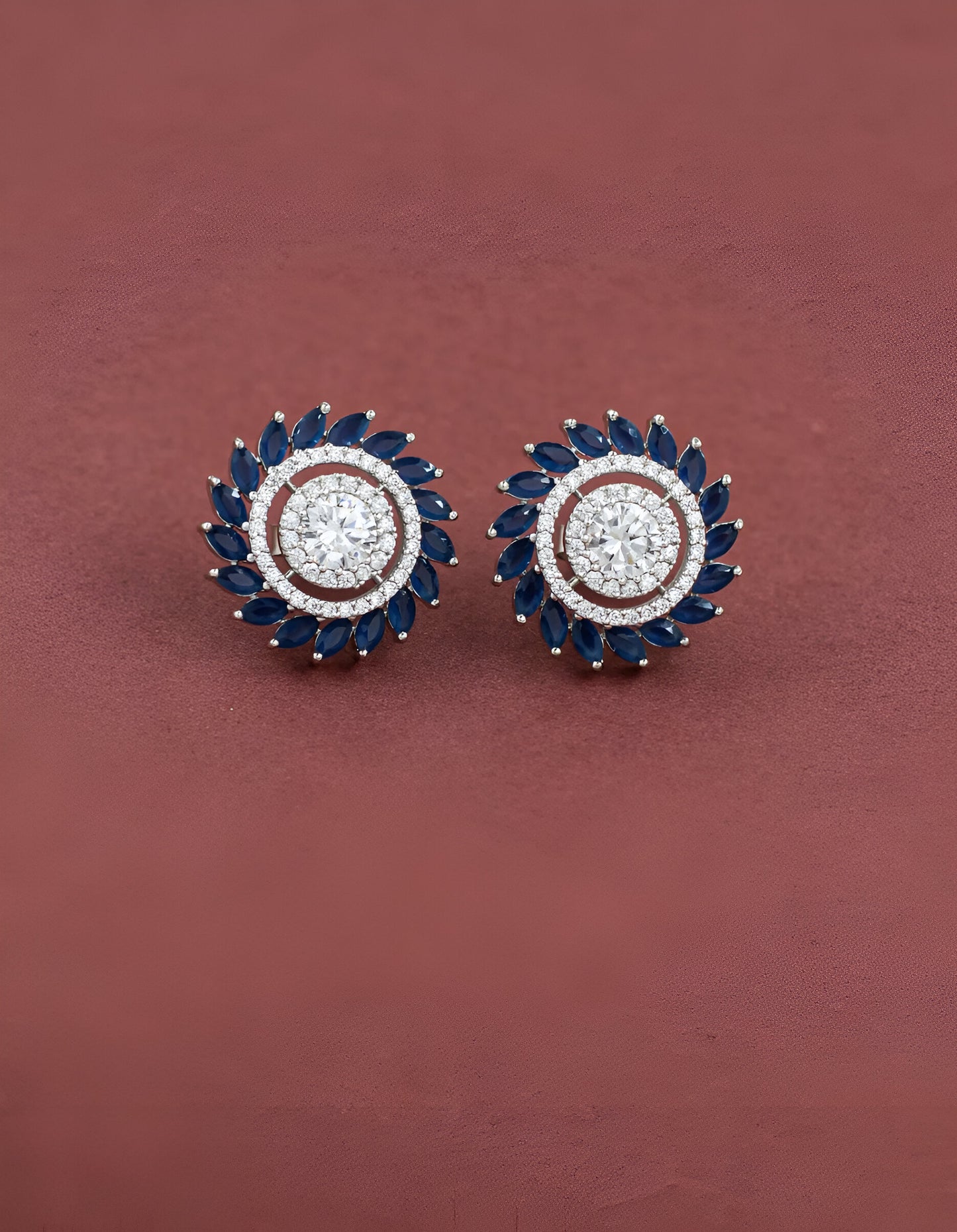 Round-Shaped White Swarovski With Blue Stone Silver Earrings