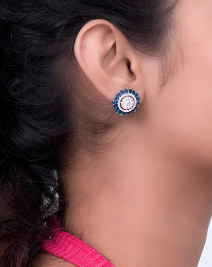 Round-Shaped White Swarovski With Blue Stone Silver Earrings