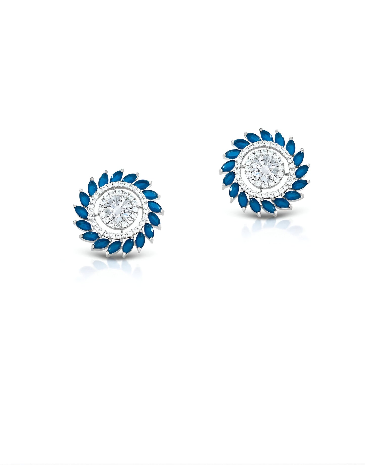 Round-Shaped White Swarovski With Blue Stone Silver Earrings