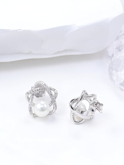 Star - Shaped With Center Pearl Silver Earrings