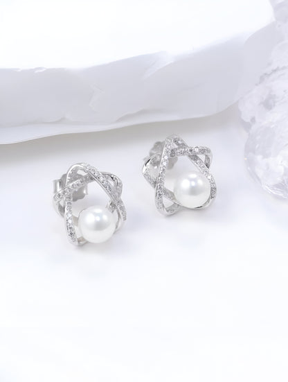 Star - Shaped With Center Pearl Silver Earrings