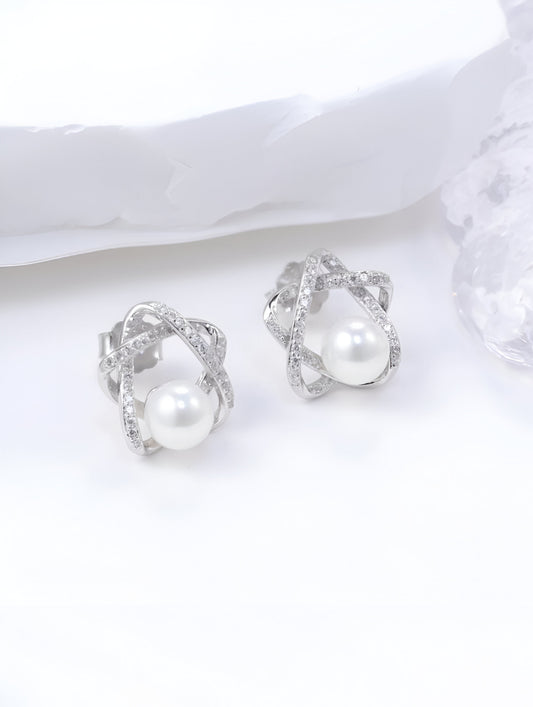 Star - Shaped With Center Pearl Silver Earrings