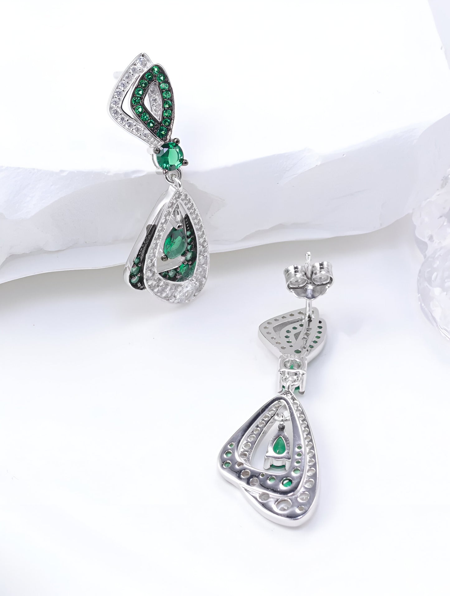 Encircled Green Emerald With White Swarovski Zircons Silver Earrings