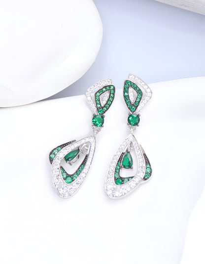 Encircled Green Emerald With White Swarovski Zircons Silver Earrings