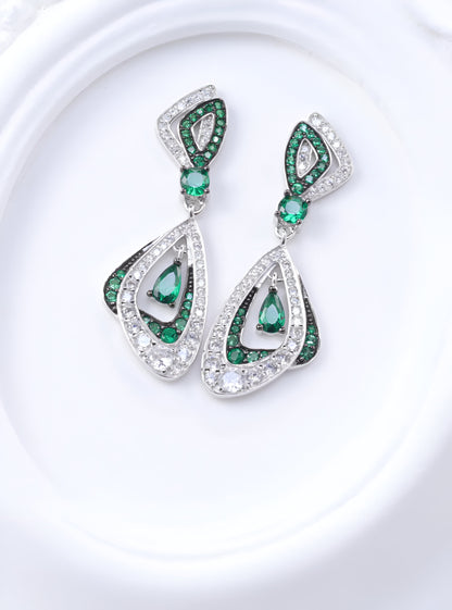 Encircled Green Emerald With White Swarovski Zircons Silver Earrings