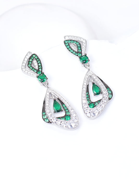 Encircled Green Emerald With White Swarovski Zircons Silver Earrings