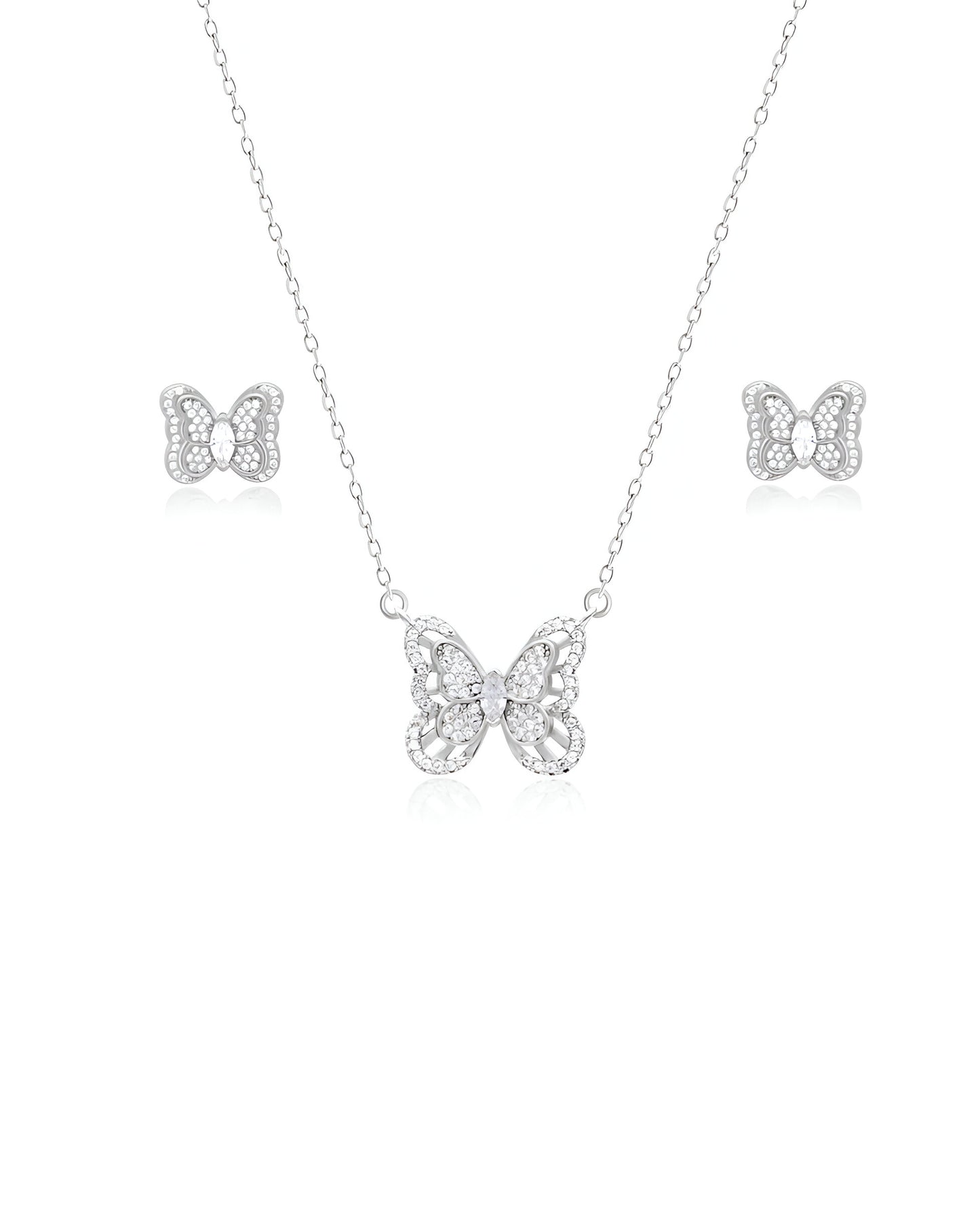 Butterfly Shaped Double Layered Silver Pendant Set