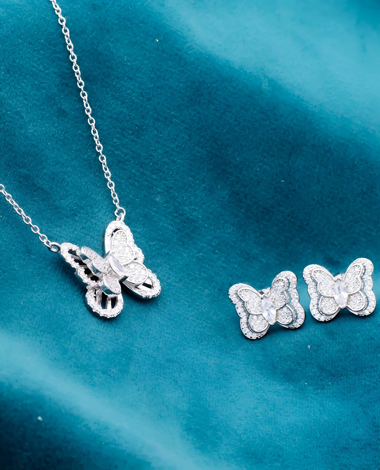 Butterfly Shaped Double Layered Silver Pendant Set