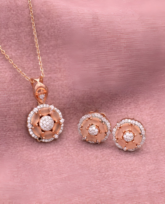 Circular-Shaped with Peach Coloured Stones Silver Pendant Set