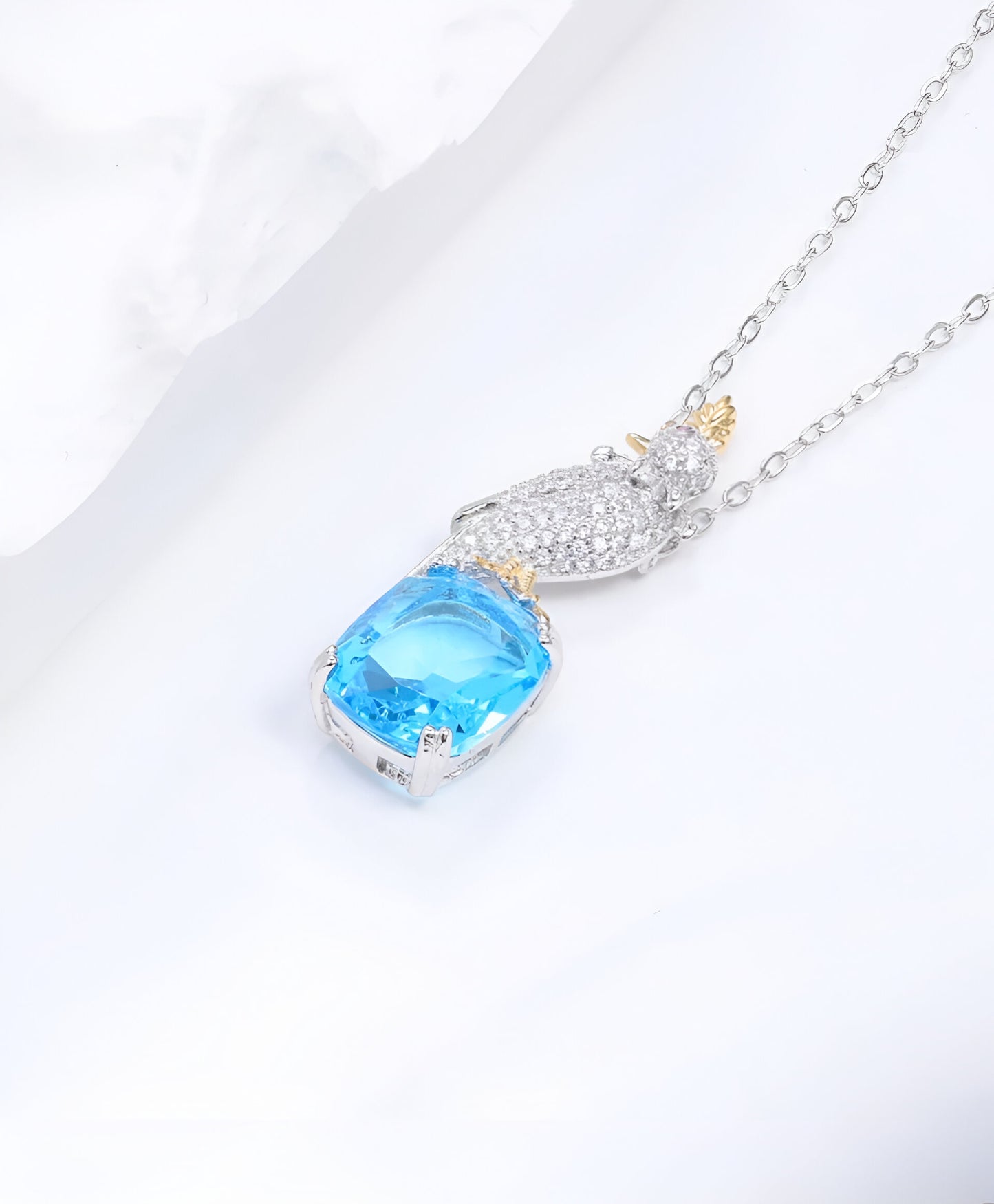 Bird Sitting On Blue Aquamarine Stone Silver Chain