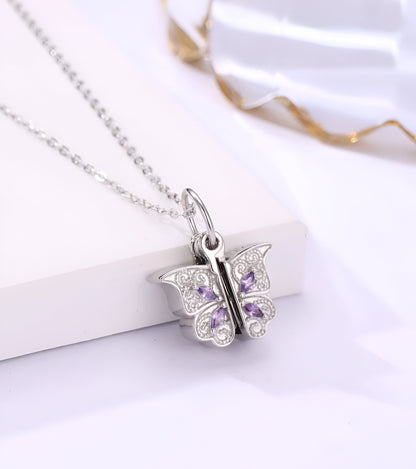 Butterfly Pendant With Semi-Precious Purple Stone Silver Chain