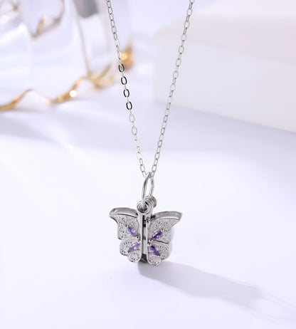 Butterfly Pendant With Semi-Precious Purple Stone Silver Chain