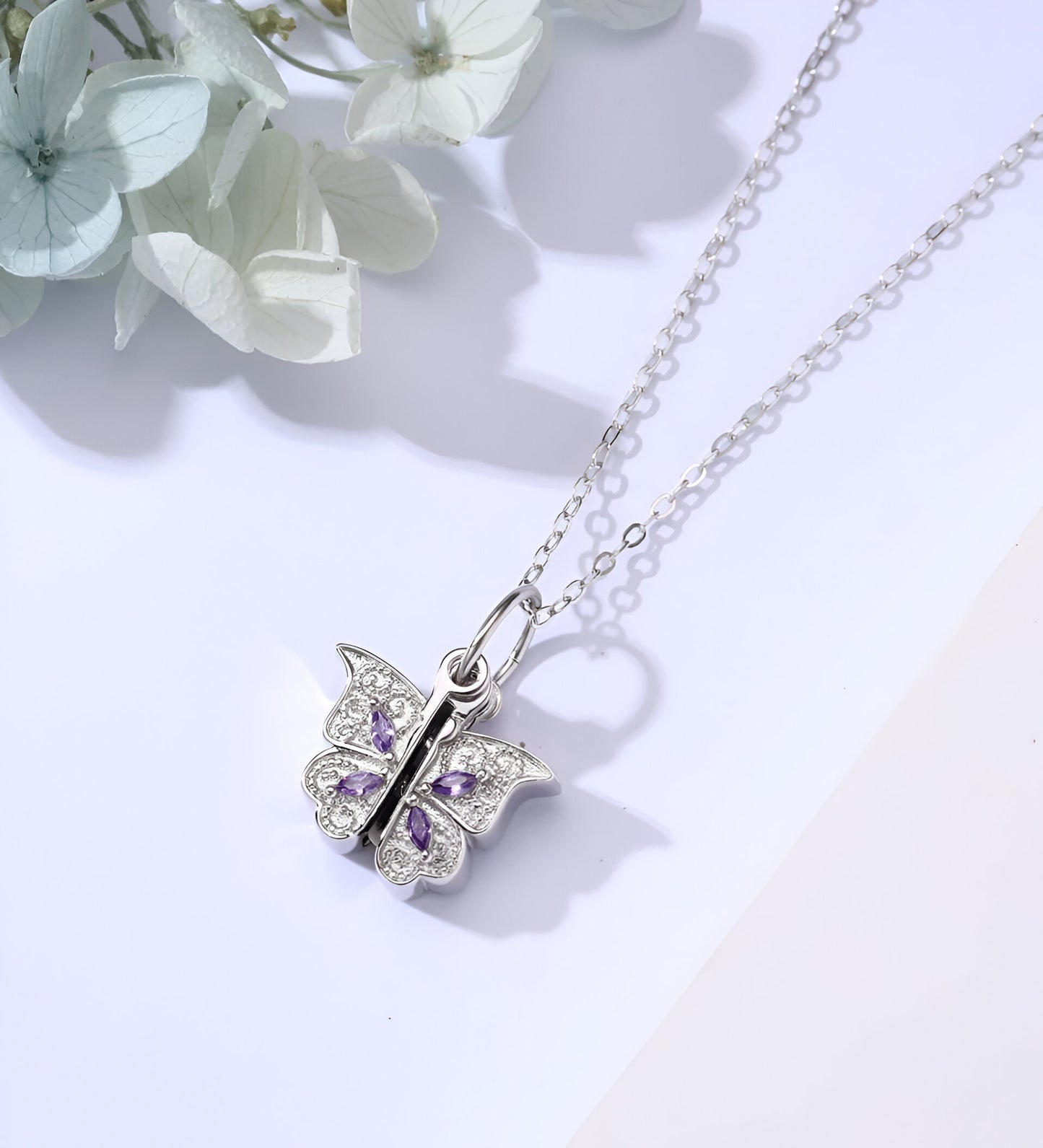 Butterfly Pendant With Semi-Precious Purple Stone Silver Chain