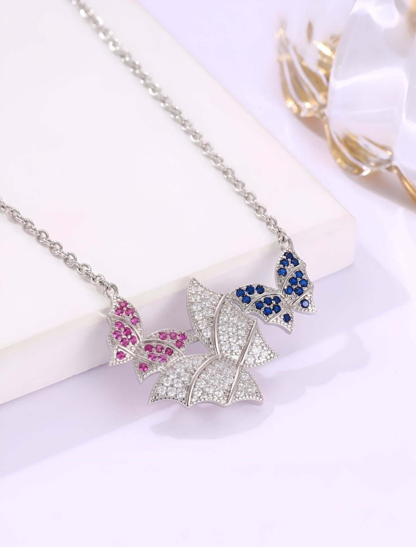 Triple Butterfly Combination with Multicolor Silver Chain