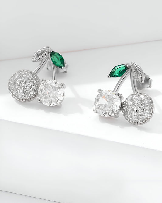 Cherry-Shaped Swarovski White And Green Stone Silver Earrings