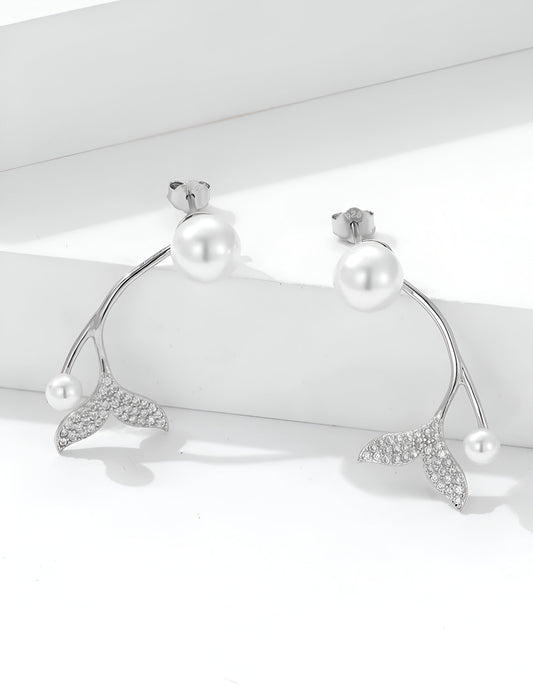 Fish Tail shaped with Pearl Drop Silver Earring