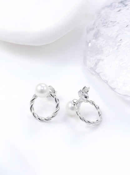 White Pearl Hoop Silver Earrings