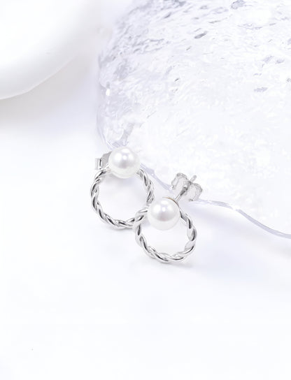 White Pearl Hoop Silver Earrings