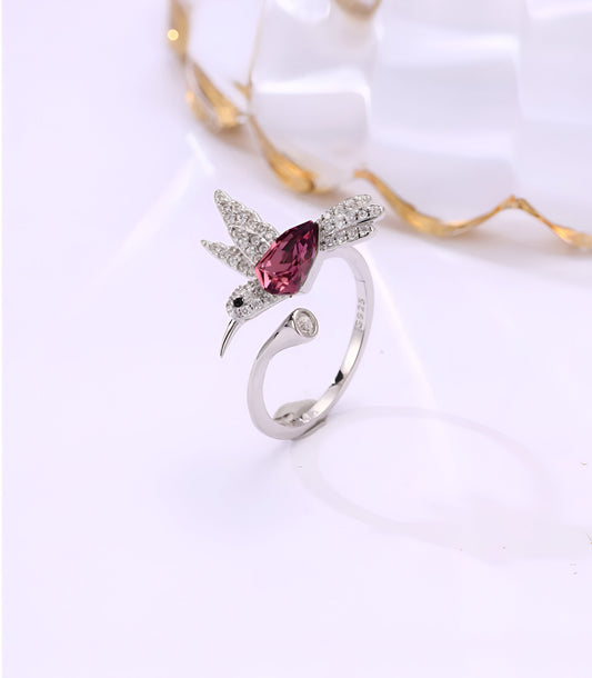 Bird-shaped with Pink Stone Adjustable Silver Ring