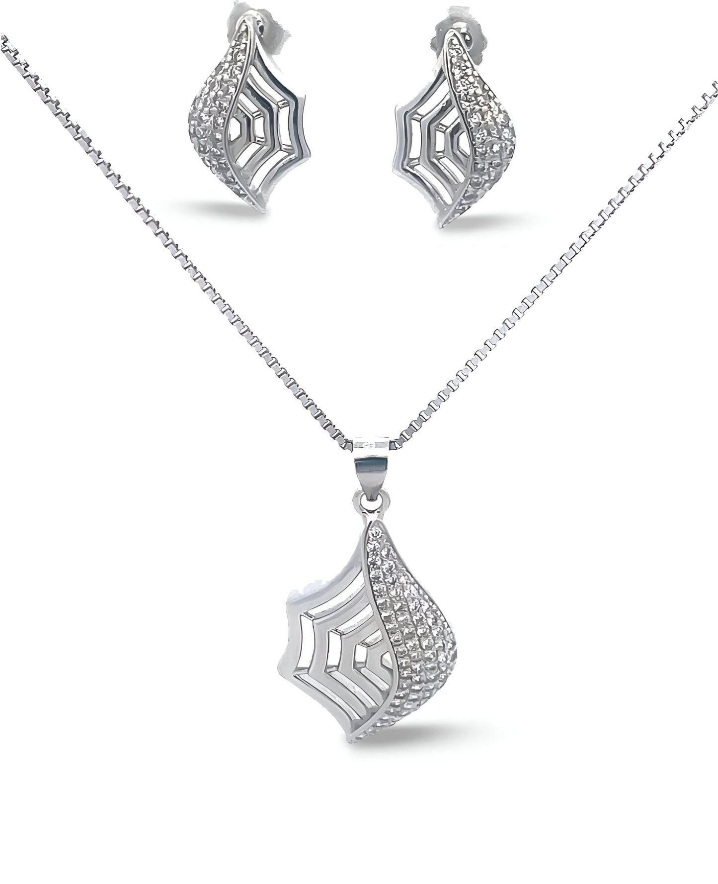 White Swarovski Net Look Silver Pendant Set