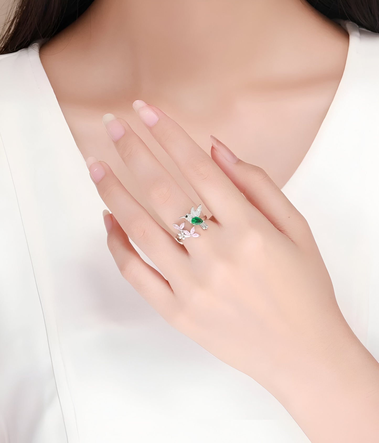 Bird Openable Ring with Green Stone Adjustable Silver Ring