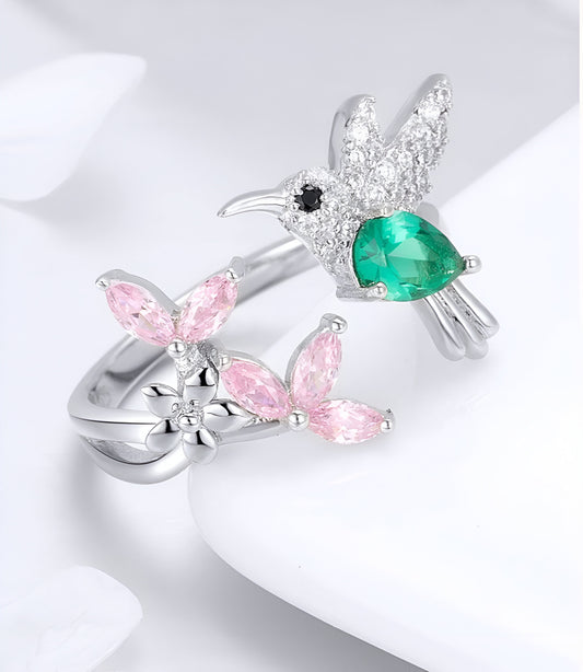 Bird Openable Ring with Green Stone Adjustable Silver Ring