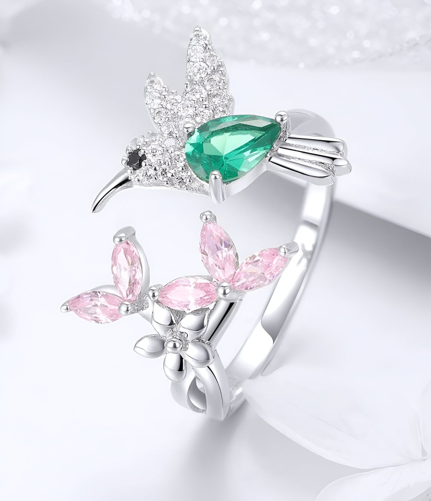 Bird Openable Ring with Green Stone Adjustable Silver Ring