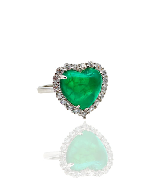 Heart-Shaped with Green Emerland Stone Silver Ring